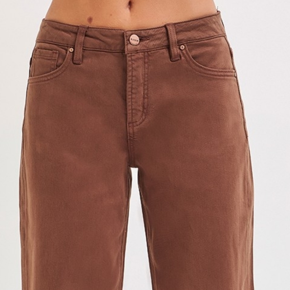RISEN Mid-Rise Tummy Control Barrel Jeans Baggy Leg Rolled Hem Denim Pants Brown - Picture 5 of 16